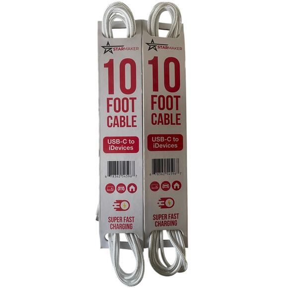 2 Pack Star Maker 10 Foot USB-C to Idevice Charging Cord Cable iphone ipad - Picture 1 of 1